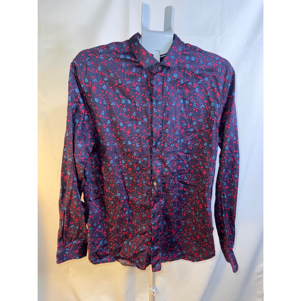 John Varvatos USA Mens Floral Print Long Sleeve Button Down Shirt Navy Red L